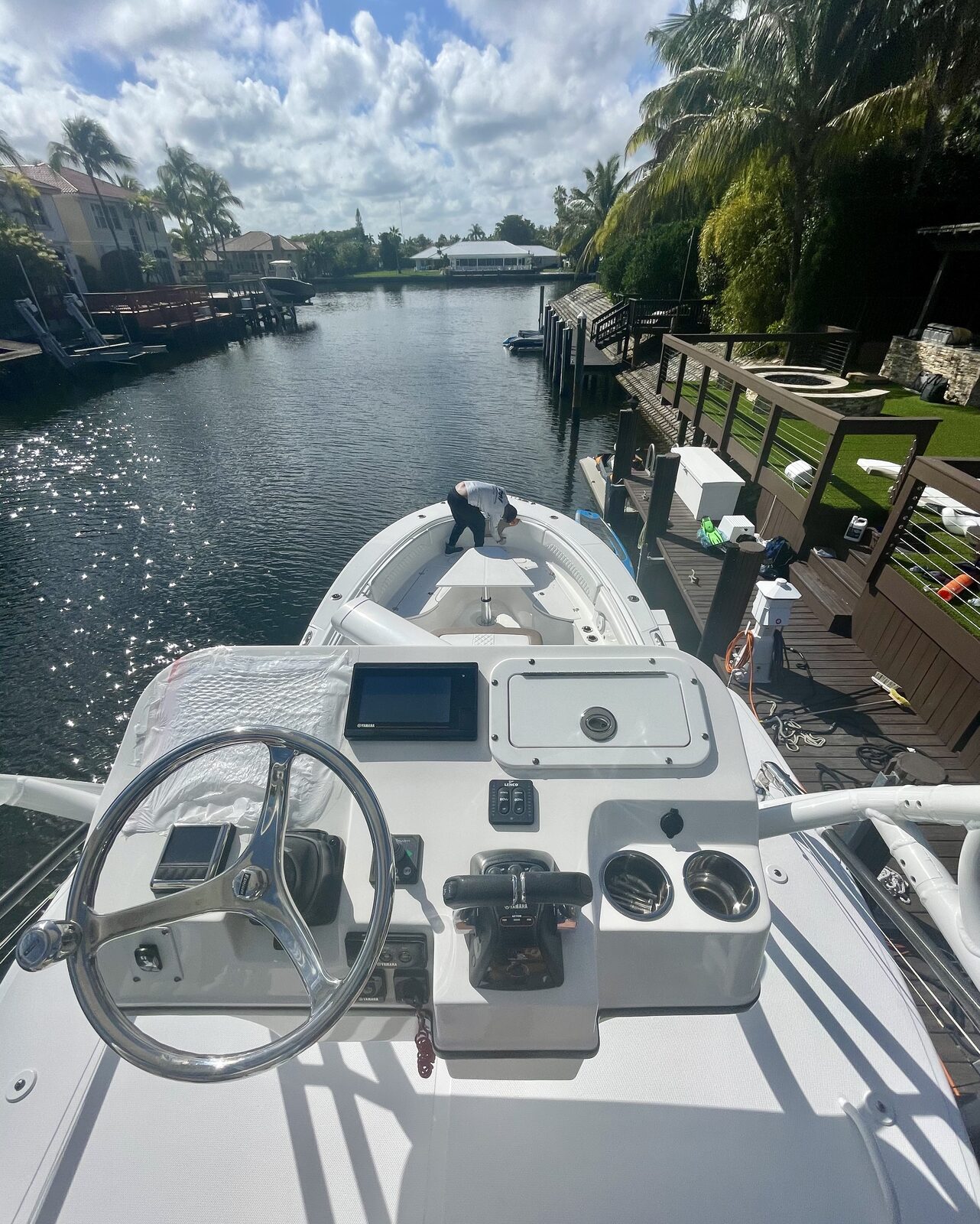 Detailed boat helm and console on the water in the Florida Keys