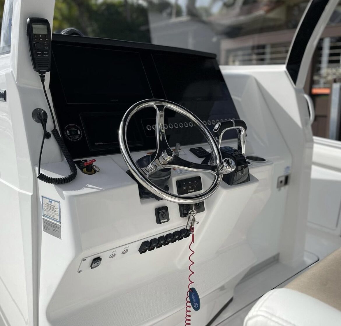 Spotless boat console and steering wheel after interior detailing