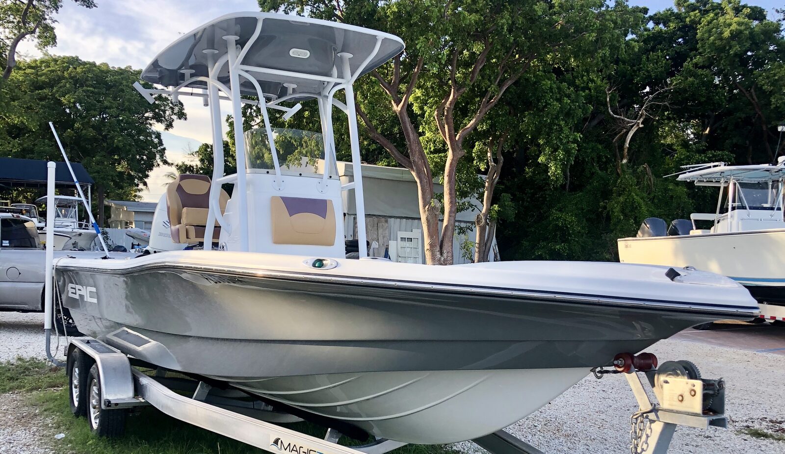 Bay boat with t-top freshly detailed by mobile boat detailing in Key Largo