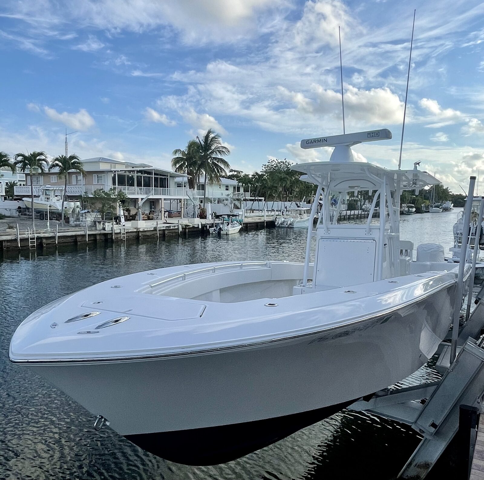 Freshly detailed center console boat at a dock in the Florida Keys