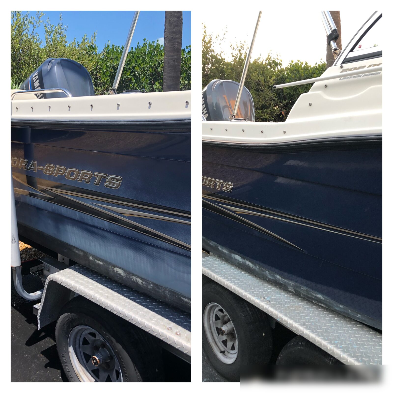 Before and after boat hull detailing showing oxidation removal results in the Florida Keys