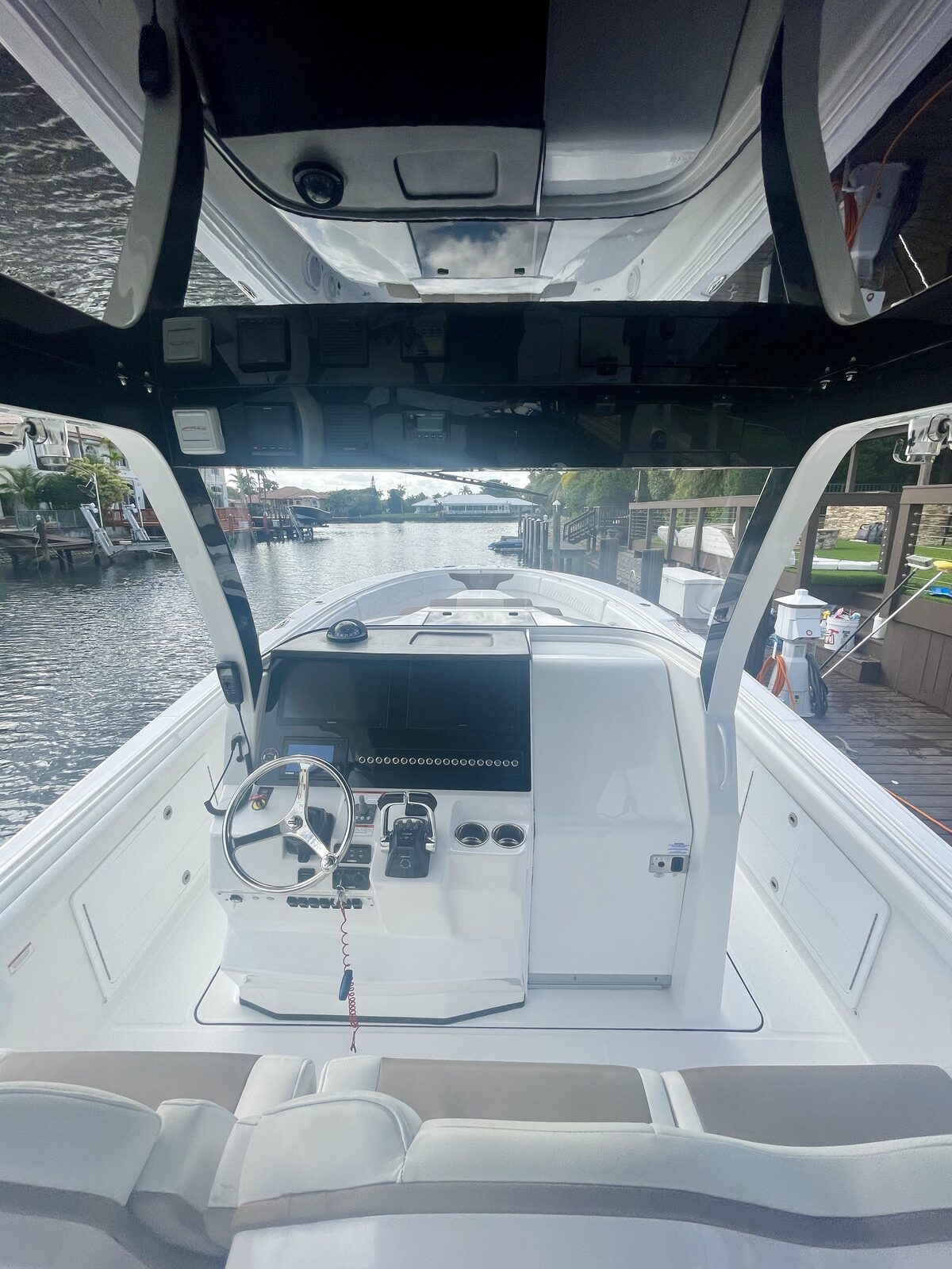Detailed center console cockpit and helm on the water in Key Largo