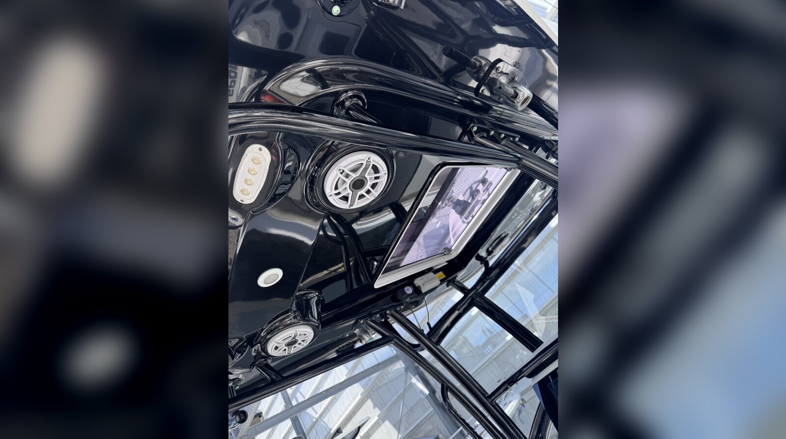 Ceramic coated black t-top with marine audio speakers, high gloss finish