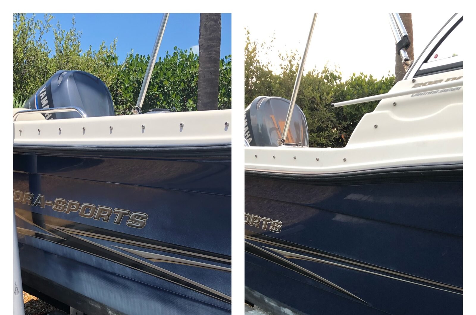 Before and after boat hull detailing showing oxidation removal results
