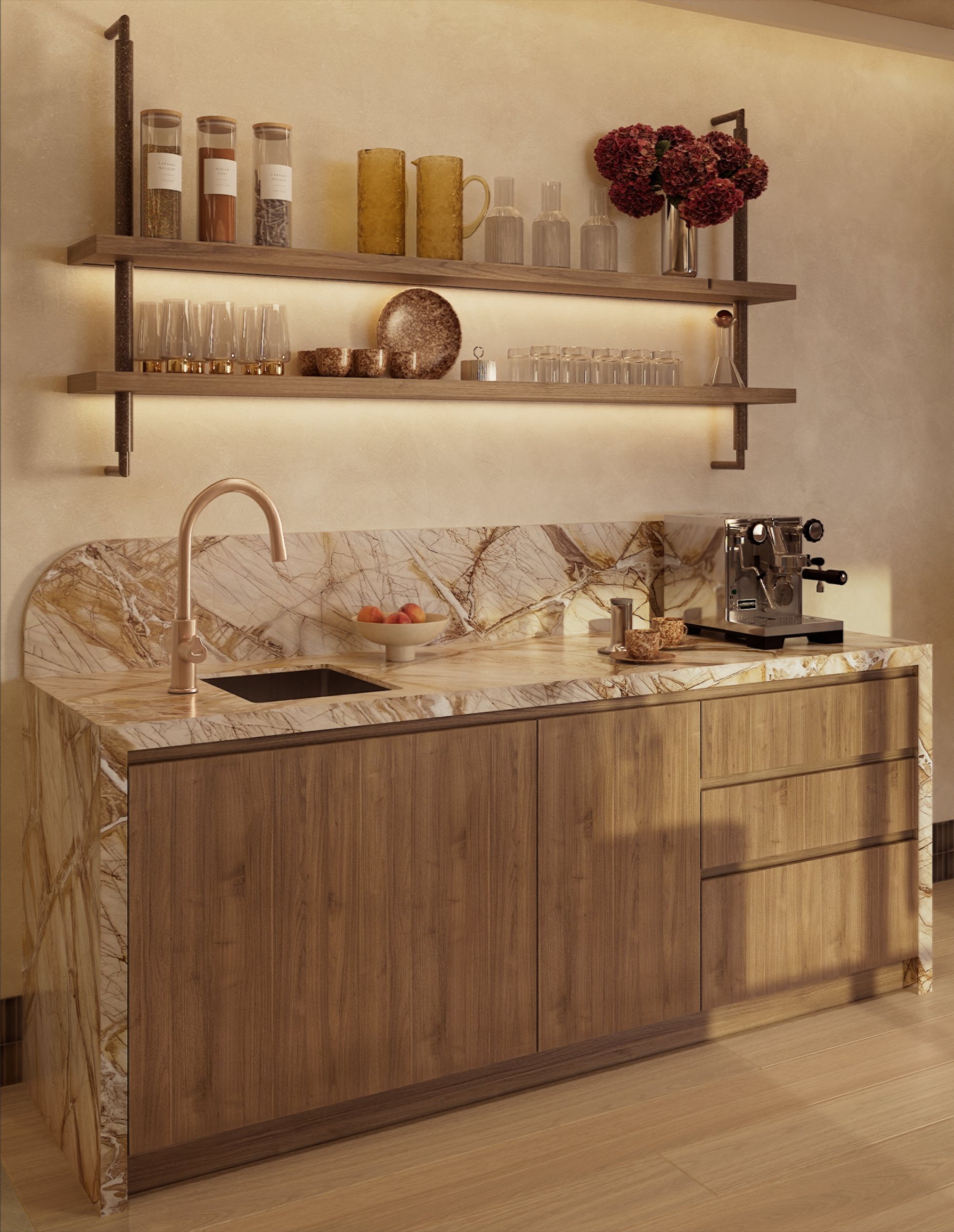 The tea station, a quiet pause between spaces