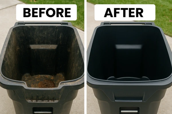 Before and after comparison showing a dirty trash can transformed into a spotless, sanitized bin after professional cleaning by 417 Trash Bin Cleaning in Missouri.