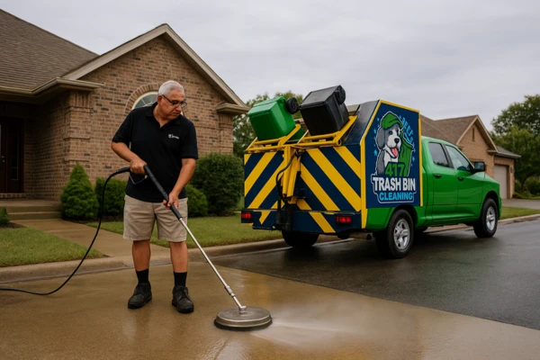 Owner of 417 Trash Bin Cleaning pressure washing a concrete driveway with a branded cleaning truck parked outside a Missouri home.