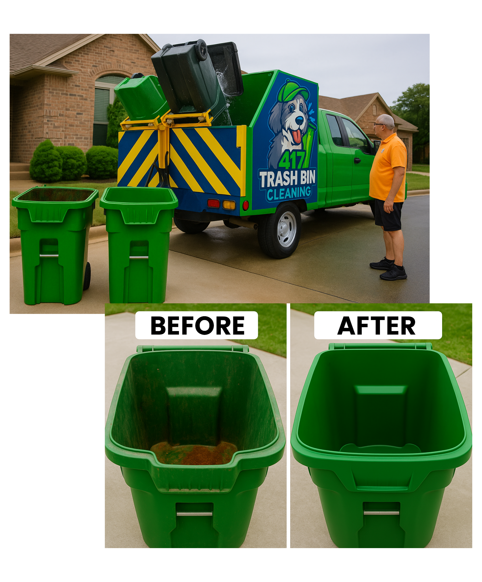 417 Trash Bin Cleaning truck parked in front of a home in Springfield, MO with two green trash bins — one shown dirty and the other spotless after cleaning. Before and after comparison of professional eco friendly trash bin cleaning service.