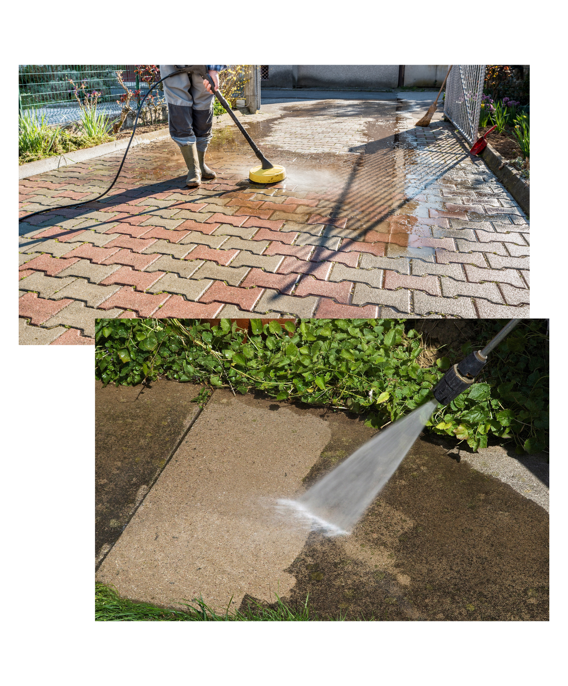 Worker using a pressure washer to clean concrete driveway and patio surfaces, removing dirt, moss, and stains with high-pressure water for a fresh, like-new look
