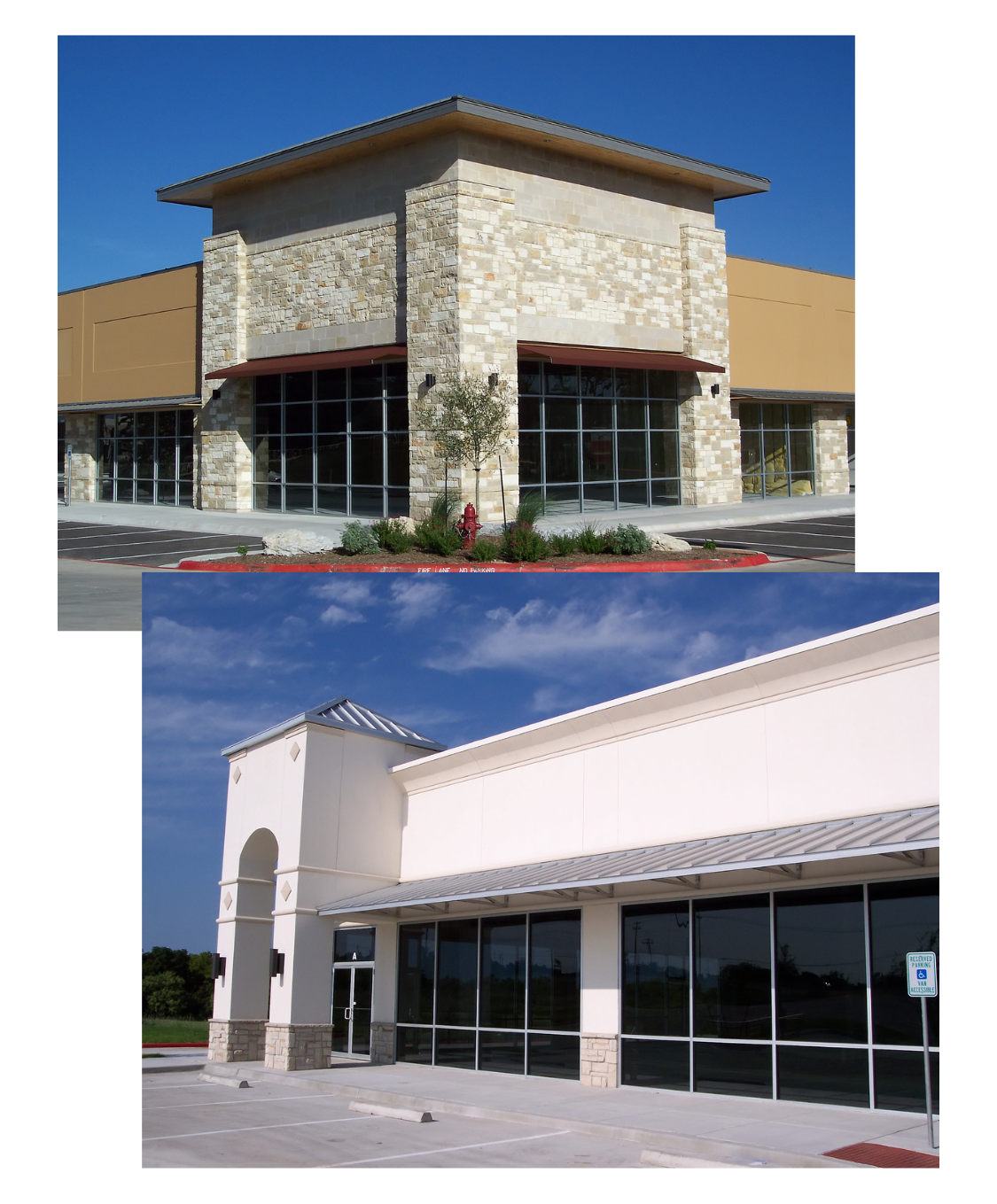 Clean commercial building exteriors after professional pressure washing service in Springfield MO, showing spotless glass windows and stone walls free of dirt and grime.