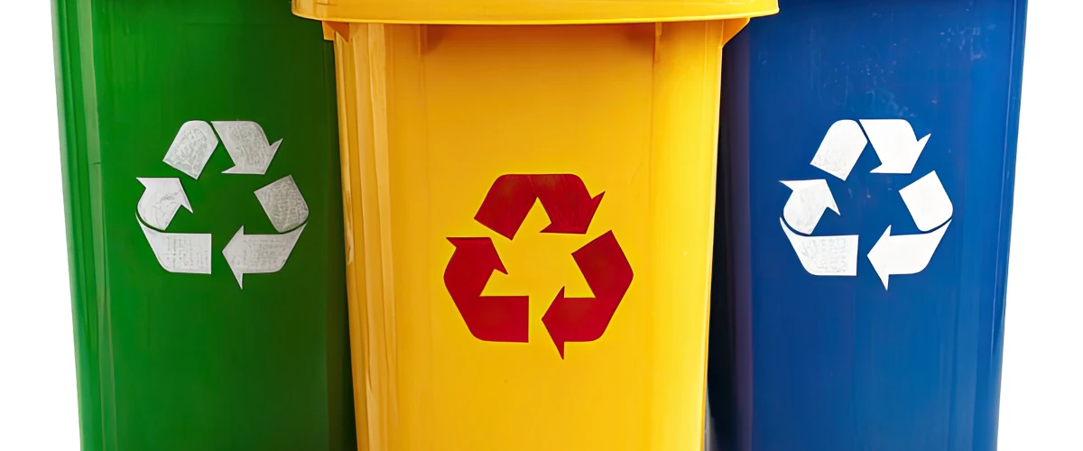 Green, yellow, and blue recycling bins with recycle symbols for waste sorting.
