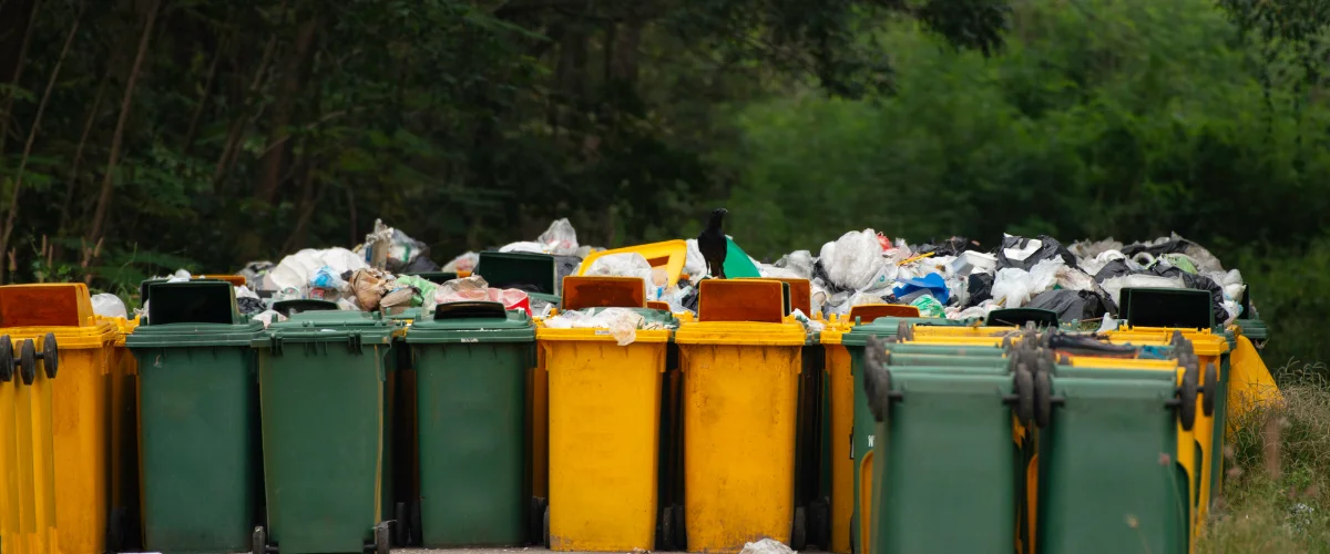 A long row of overflowing green and yellow trash bins against a background of lush green trees.