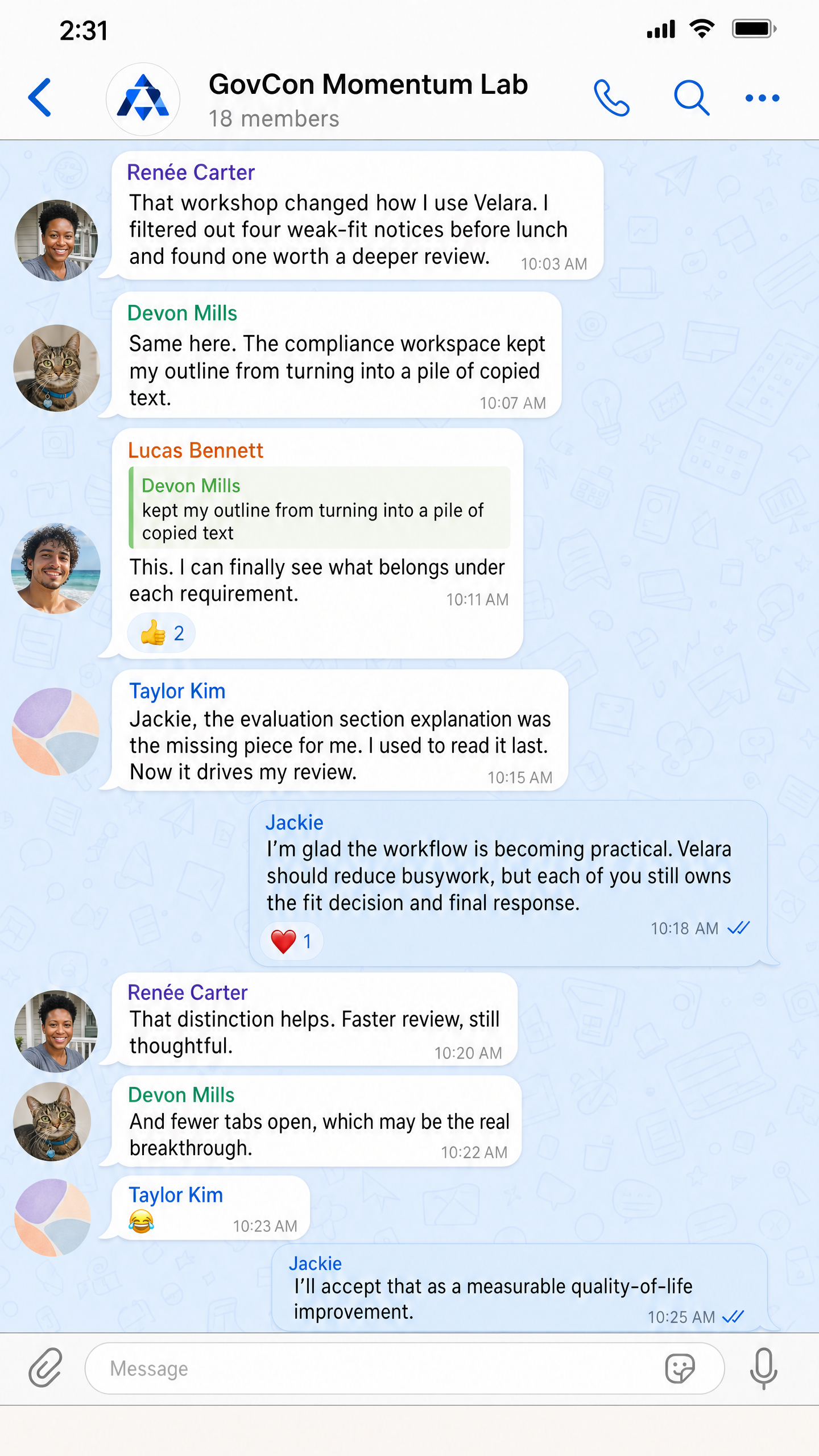 Velara member conversation screenshot