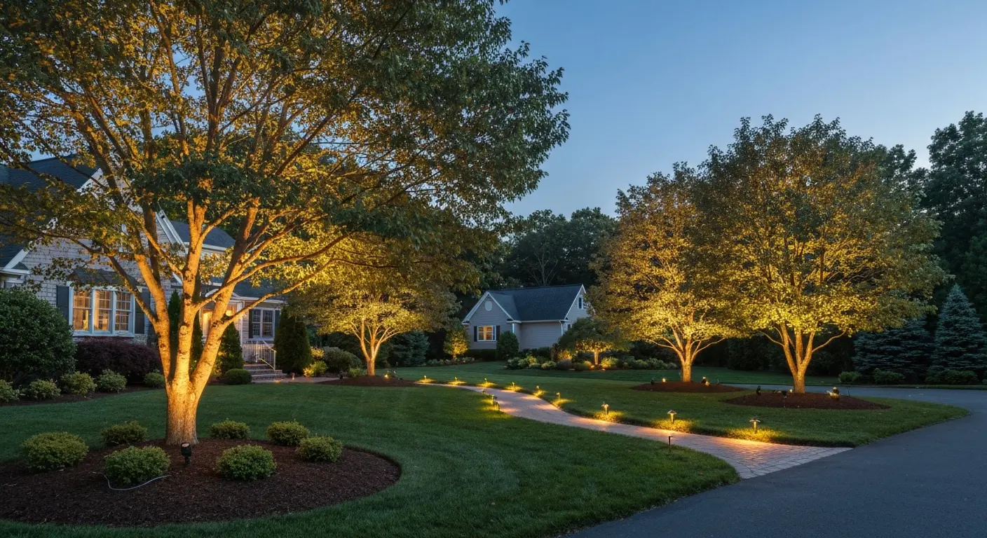 Landscape lighting highlighting trees and pathways