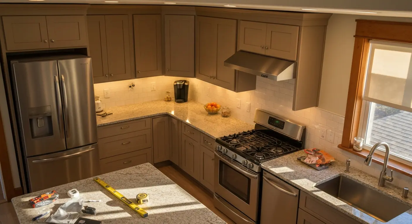 Modern kitchen appliances and lighting fixtures