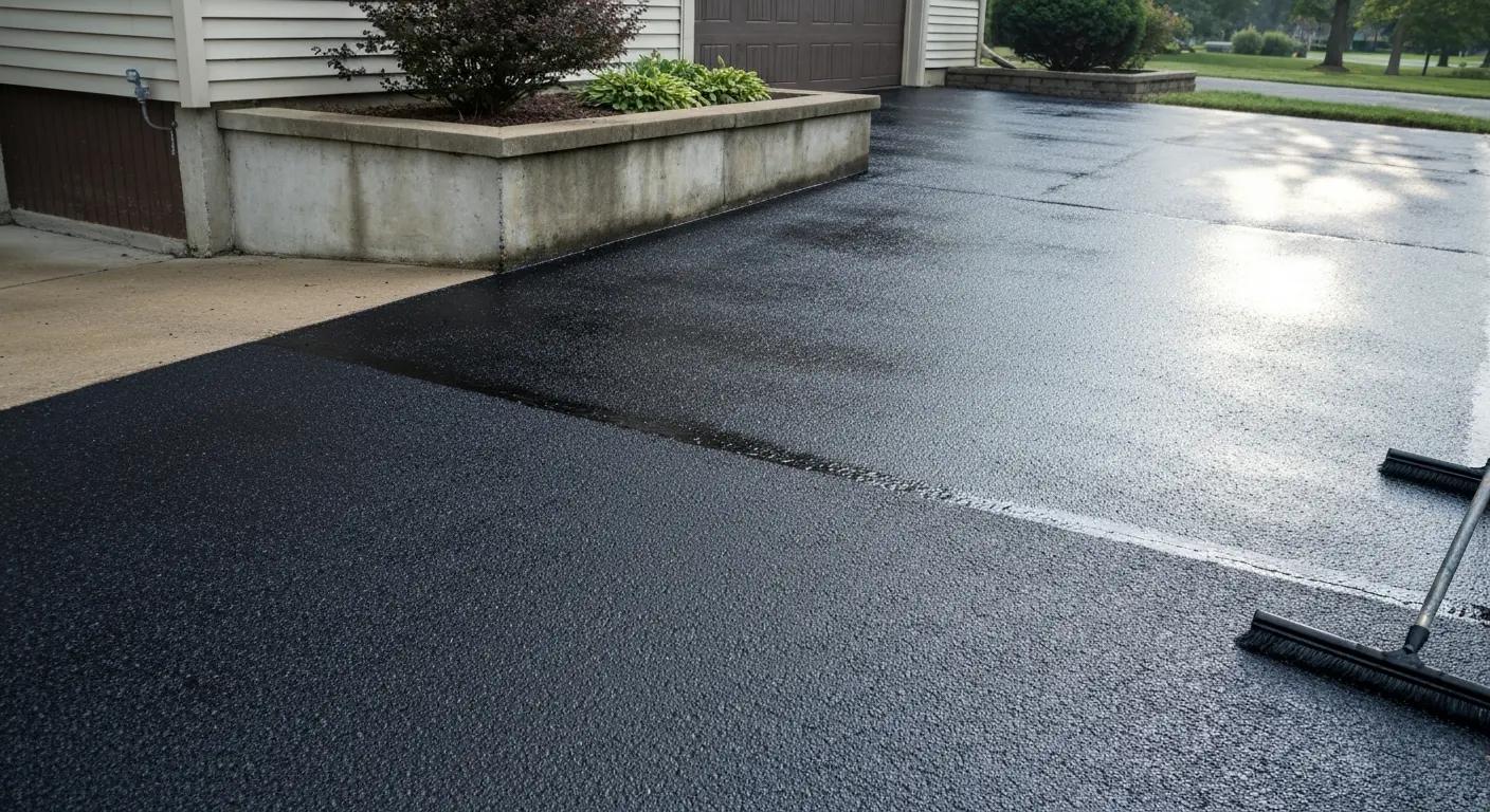Driveway sealcoating being applied