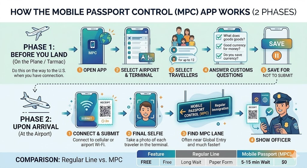 infographic explaining how to use the mobile passport control app to skip US customs lines