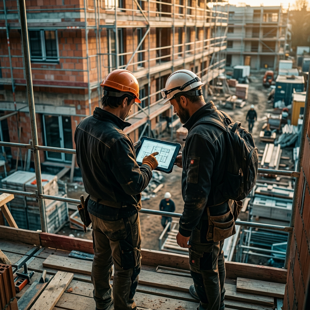 Handwerker auf Baustelle mit Tablet bei goldener Stunde