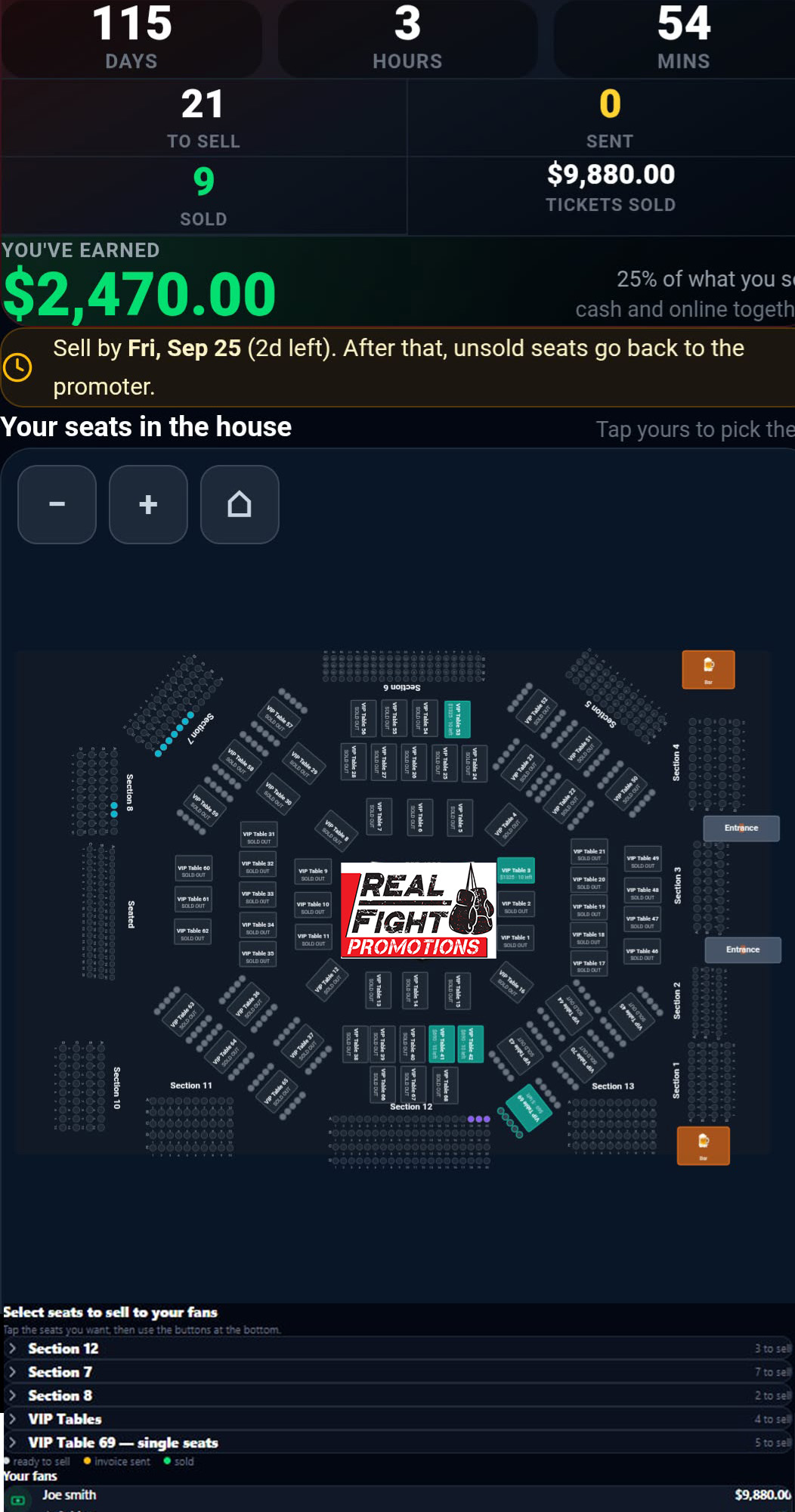 Fighter portal: seats to sell, tickets sold, earnings and the seating chart