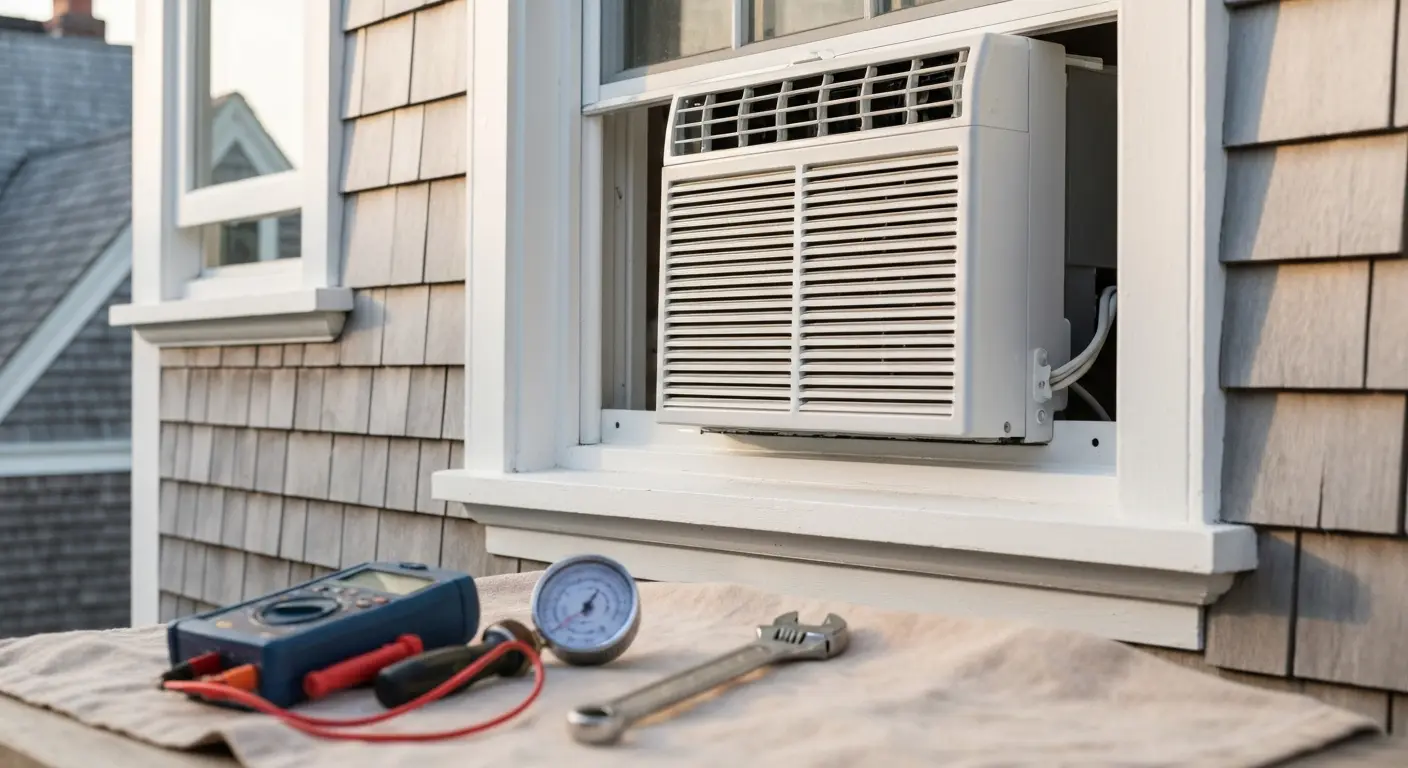 Window air conditioning unit being repaired