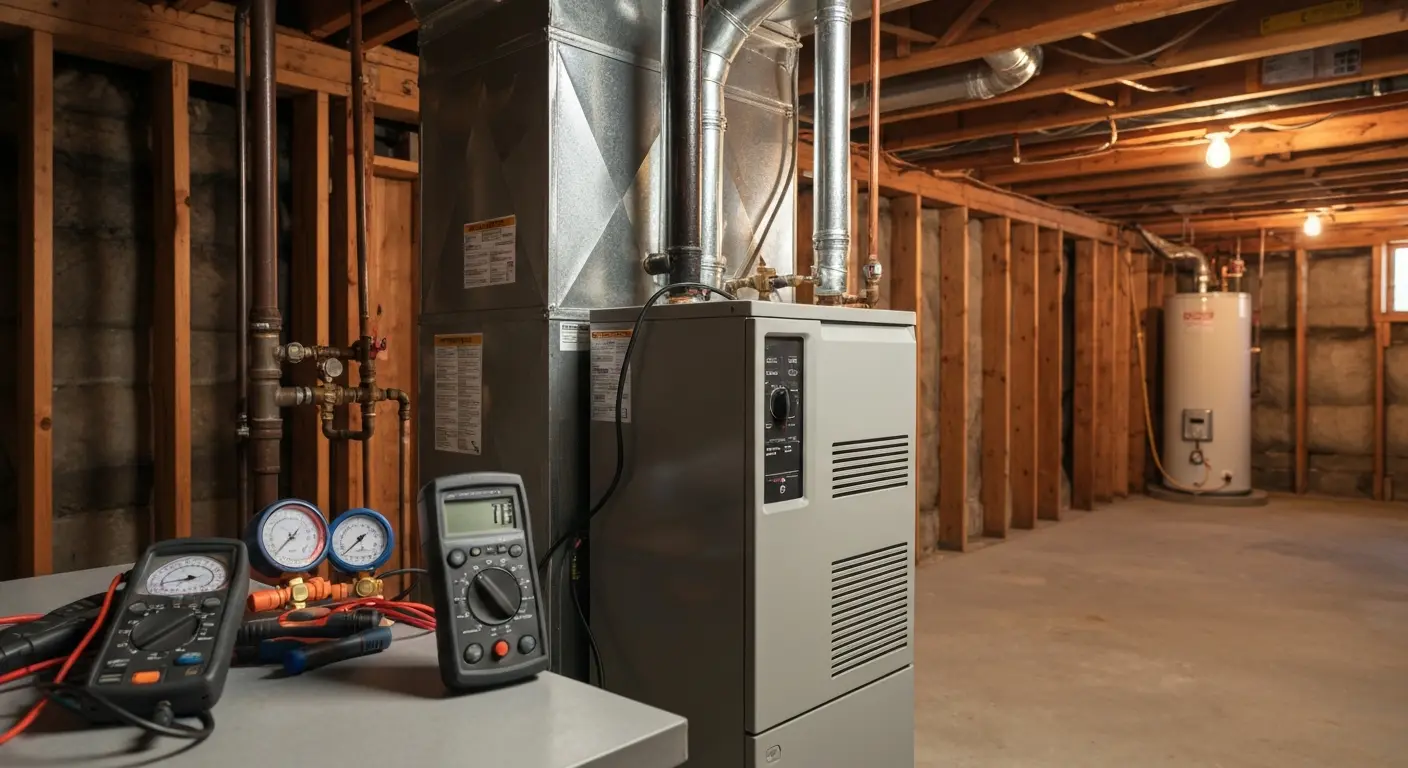 Heating technician inspecting furnace during maintenance