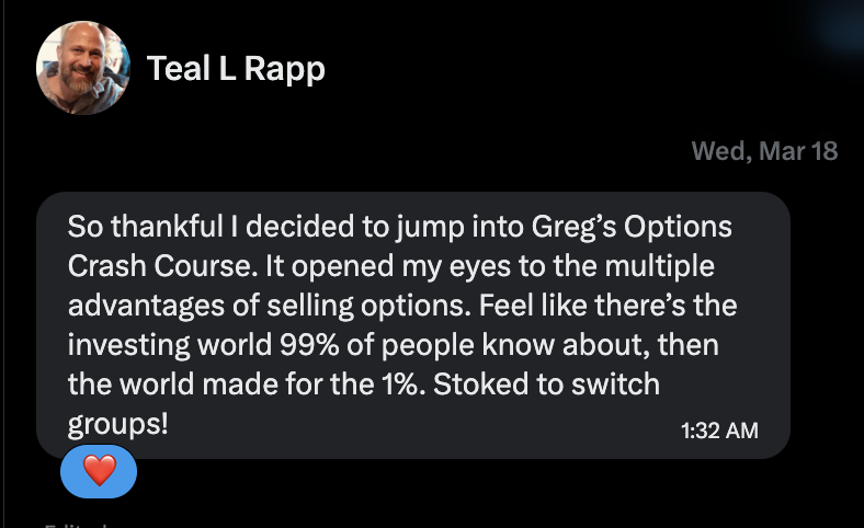 Teal Rapp testimonial about options selling education