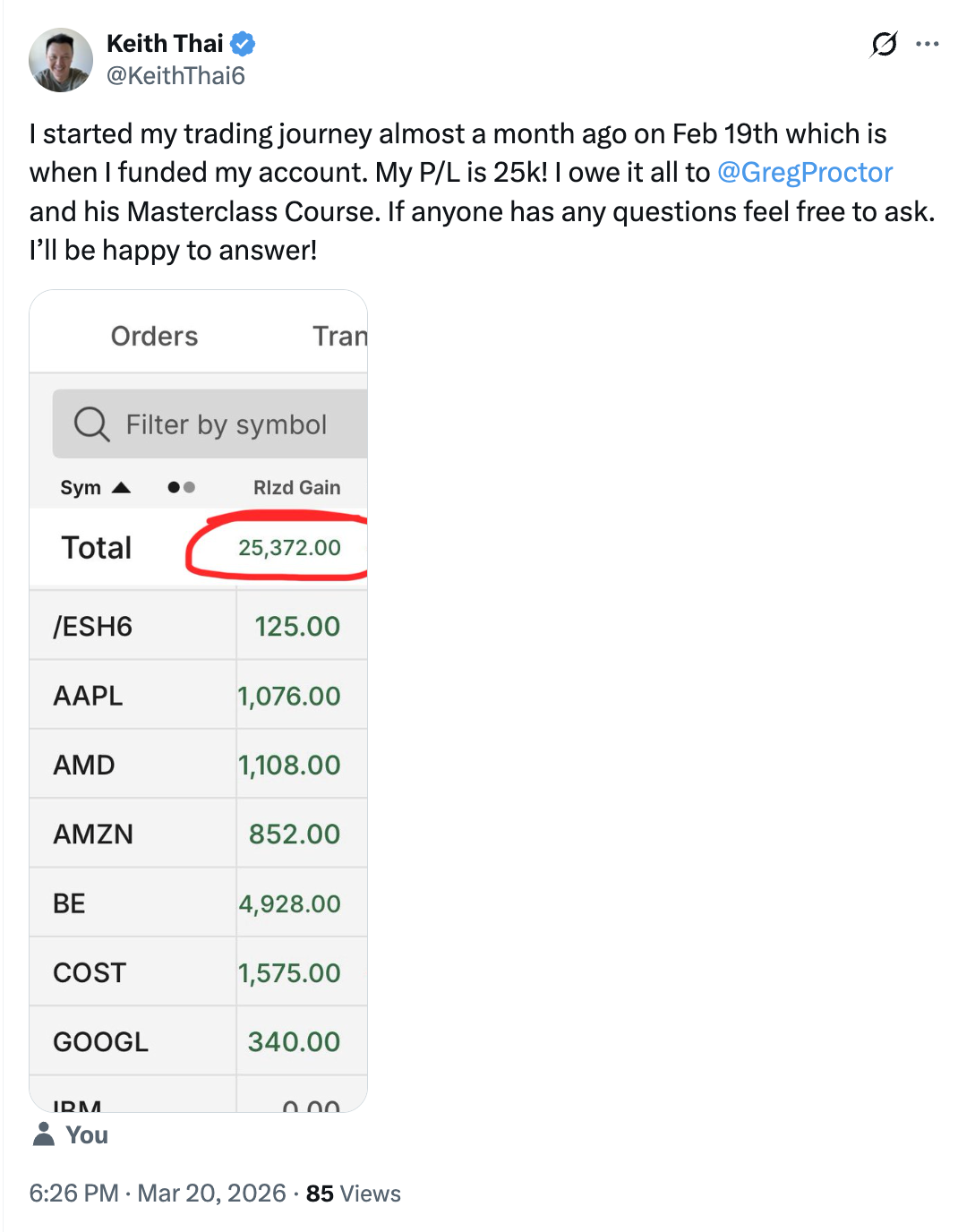 Keith Thai showing $25,372 realized gain in first month