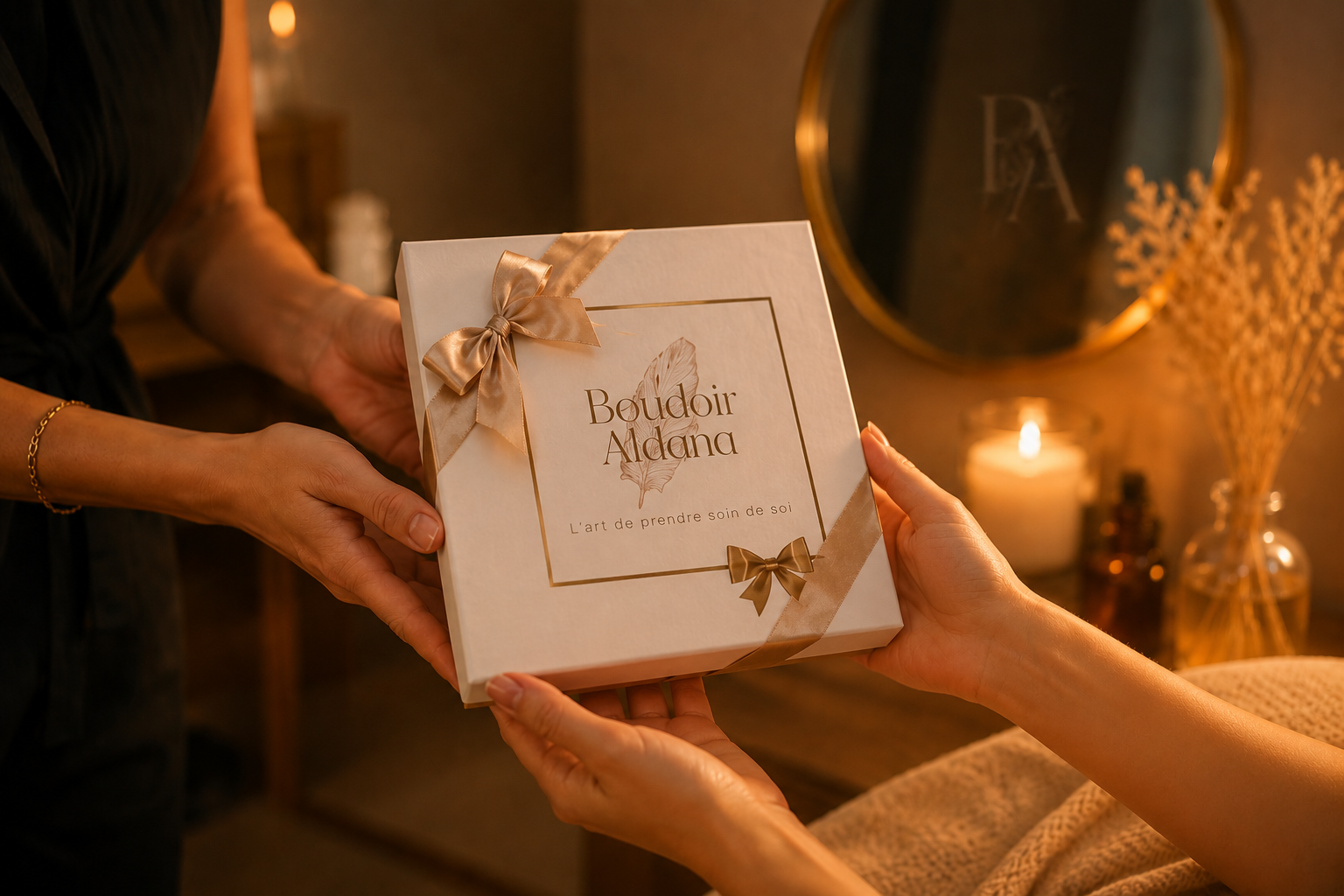 Des mains tendent un coffret cadeau Boudoir Aldana, blanc au ruban doré