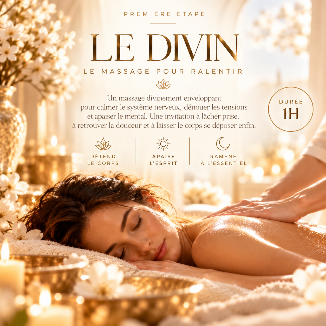 Le Divin, première étape : le massage pour ralentir. Un massage divinement enveloppant pour calmer le système nerveux, dénouer les tensions et apaiser le mental. Durée 1 heure. Détend le corps, apaise l'esprit, ramène à l'essentiel.