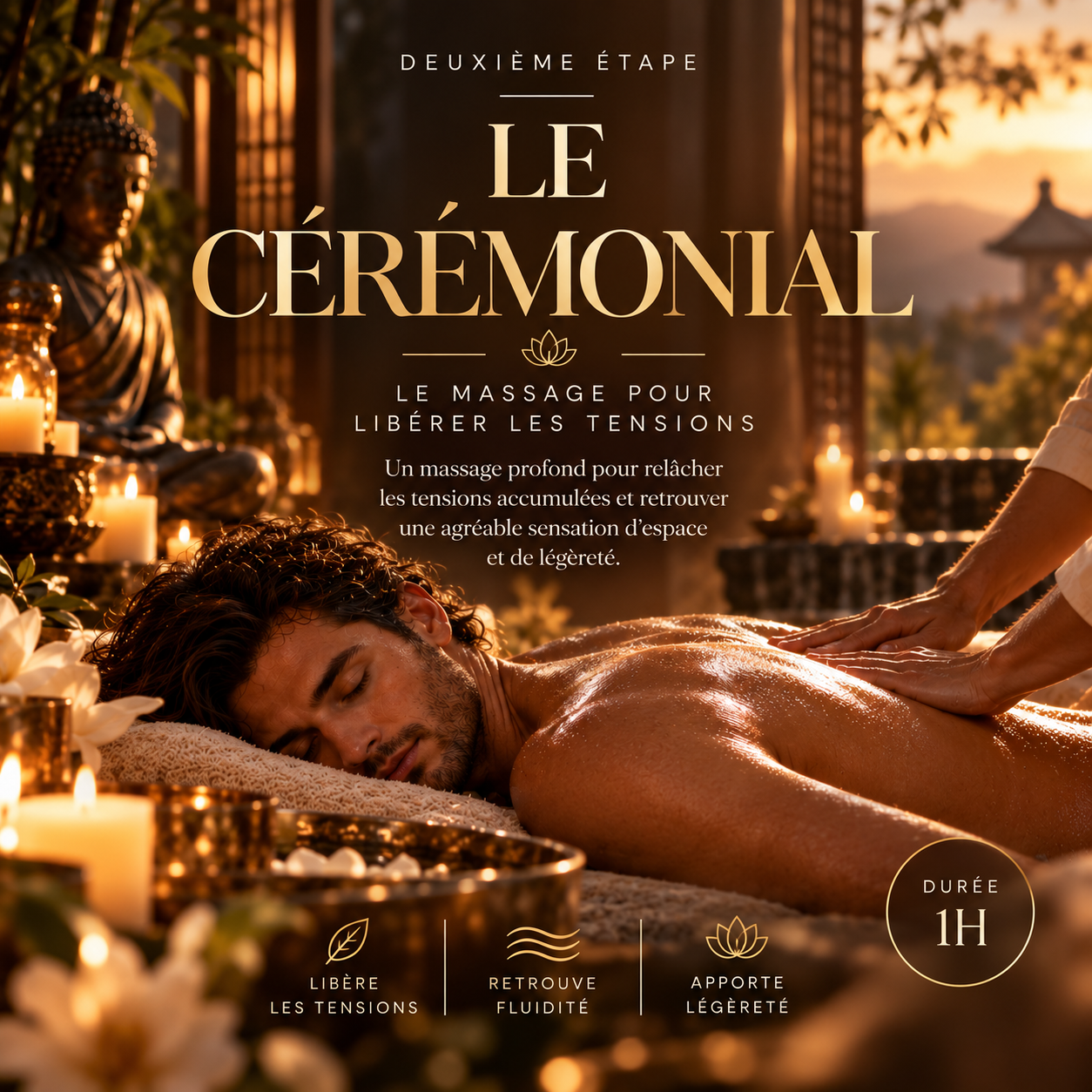 Le Cérémonial, deuxième étape : le massage pour libérer les tensions. Un massage profond pour relâcher les tensions accumulées et retrouver une agréable sensation d'espace et de légèreté. Durée 1 heure.
