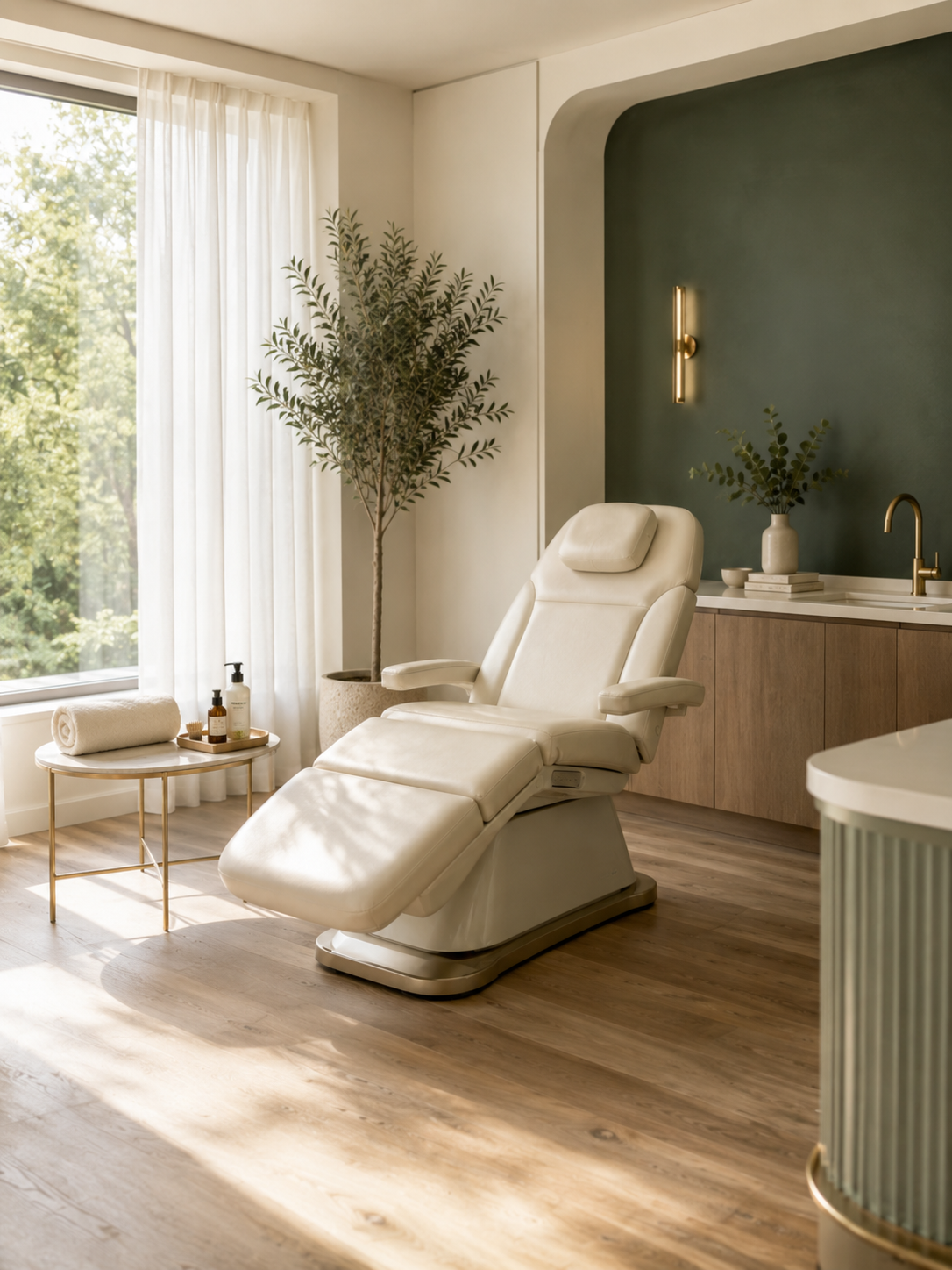 A calm, private treatment room with a cream chair beside a large, bright window.