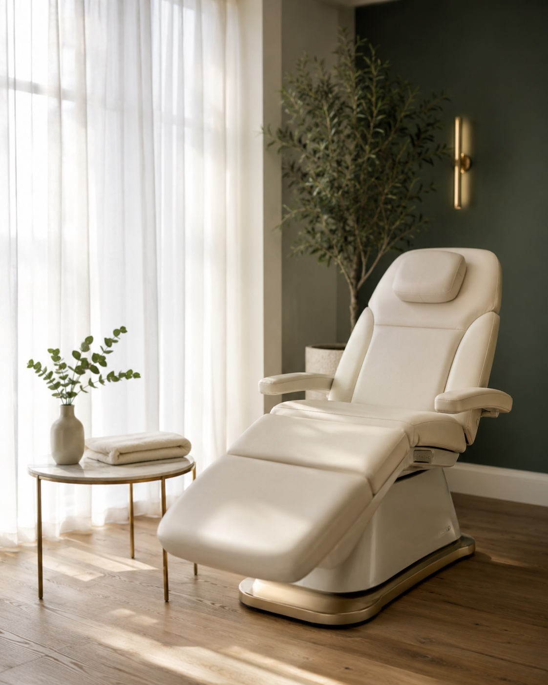 A calm, bright private treatment room with a cream treatment chair beside a large window.