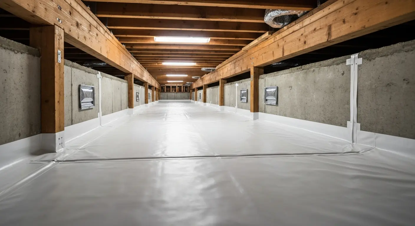 Crawlspace vapor barrier and dehumidifier