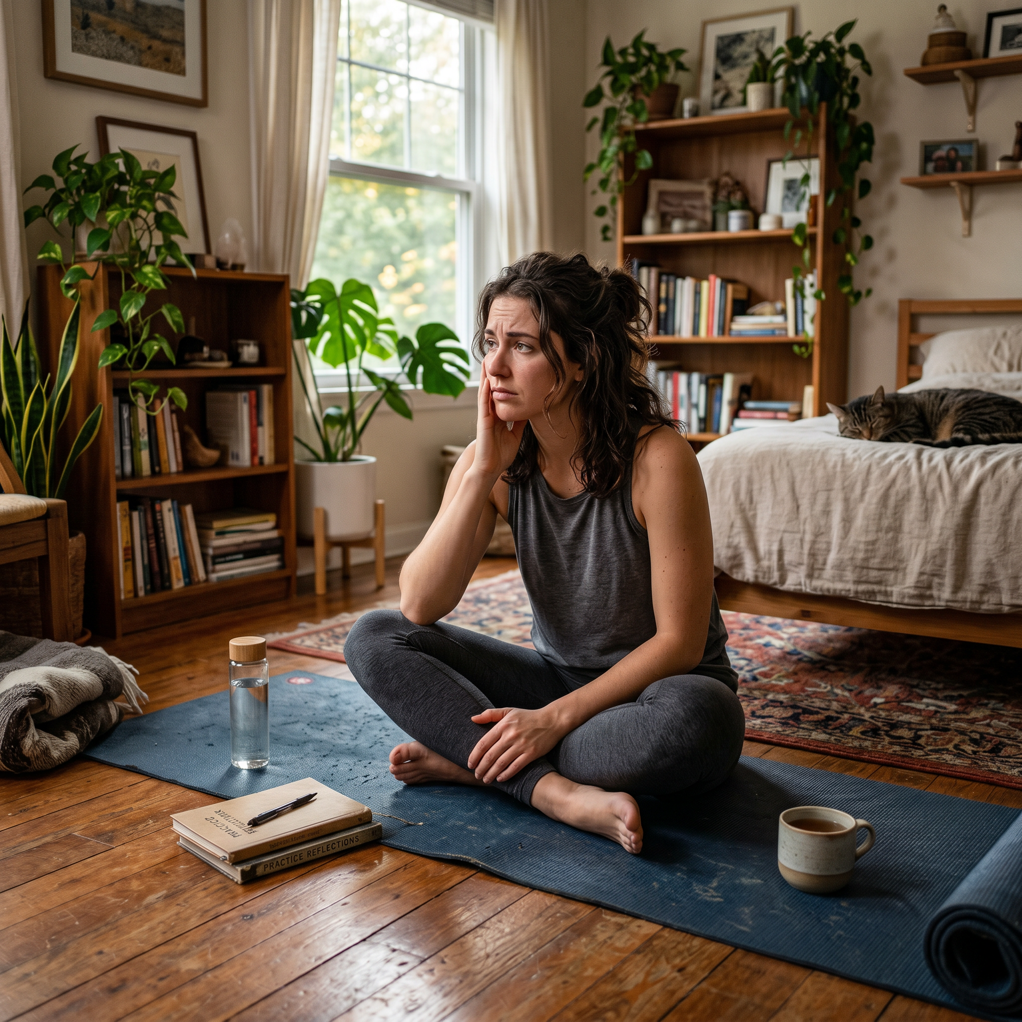 Woman sitting on her yoga mat questioning her practice 