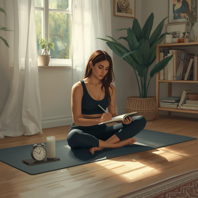 woman journaling on a yoga mat