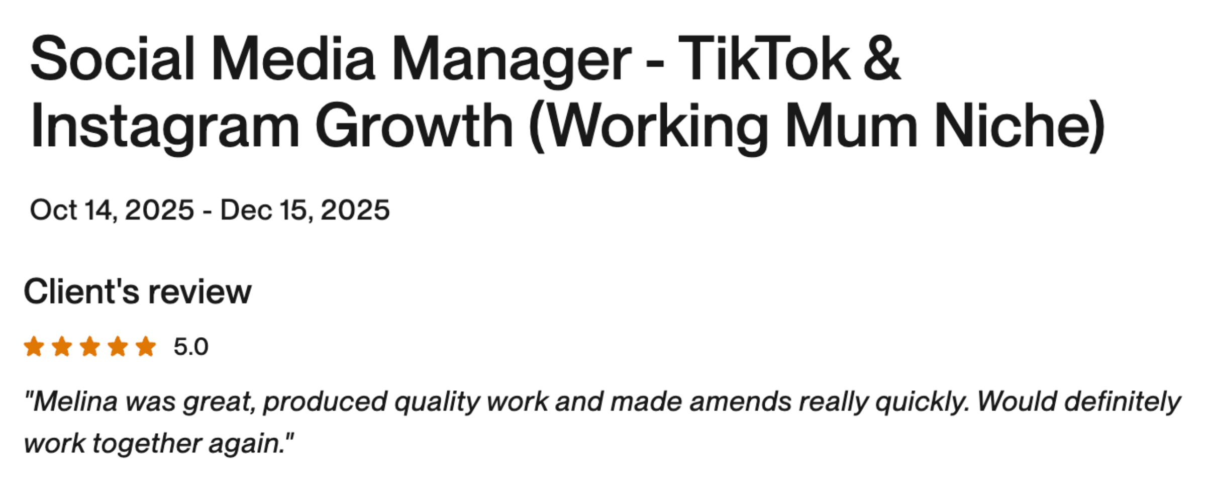 Client review — Social Media Manager TikTok & Instagram Growth, 5.0 stars