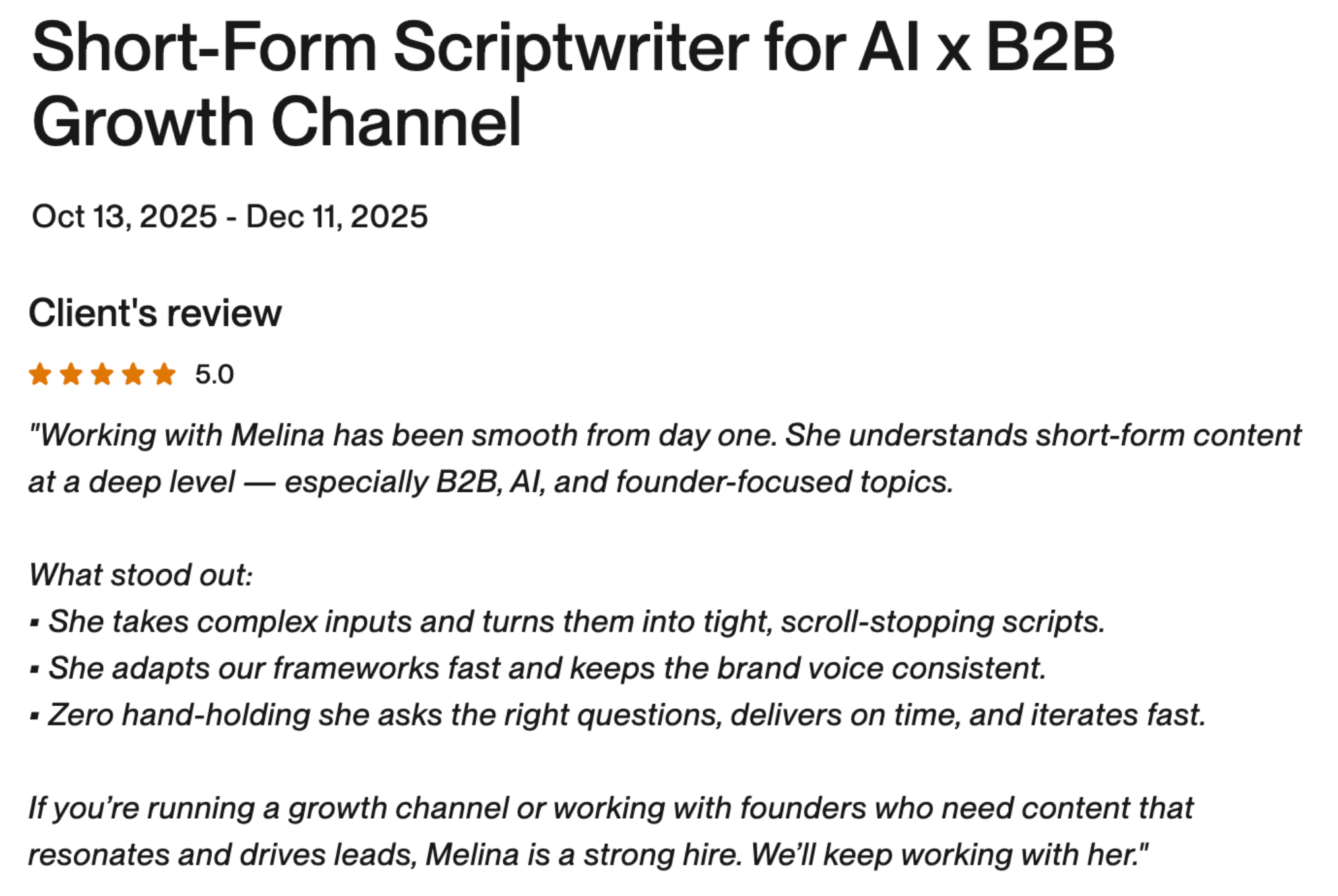 Client review — Short-Form Scriptwriter for AI x B2B Growth Channel, 5.0 stars
