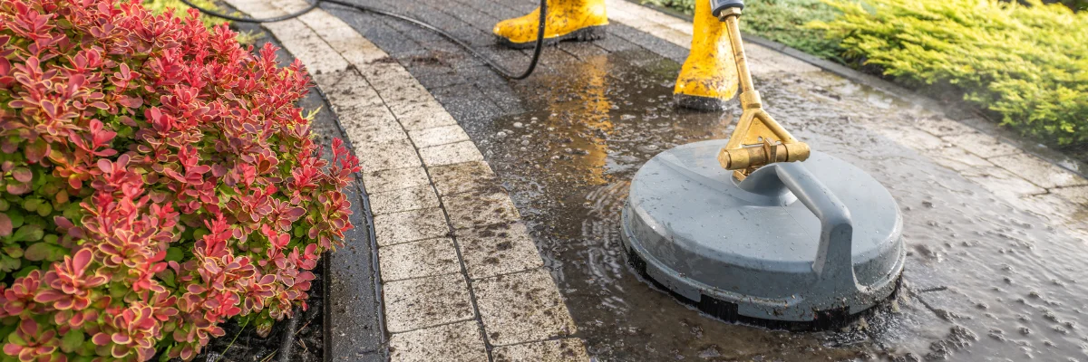 Worker pressure washing stone patio in landscaped garden.