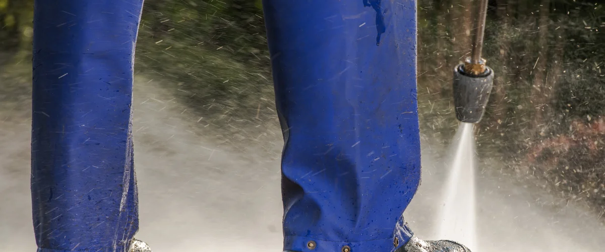 Close-up of blue protective pants and boots being splashed by water from a pressure washer nozzle. Close-up of blue protective pants and boots being splashed by water from a pressure washer nozzle.