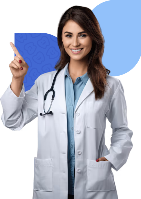 Stock Dentist image of a woman dentist pointing upwards