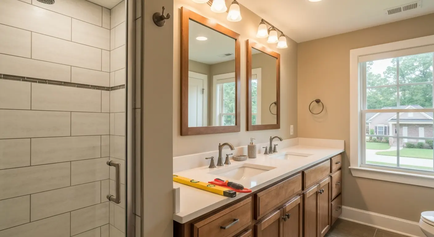 Renovated bathroom with tile shower and updated vanity