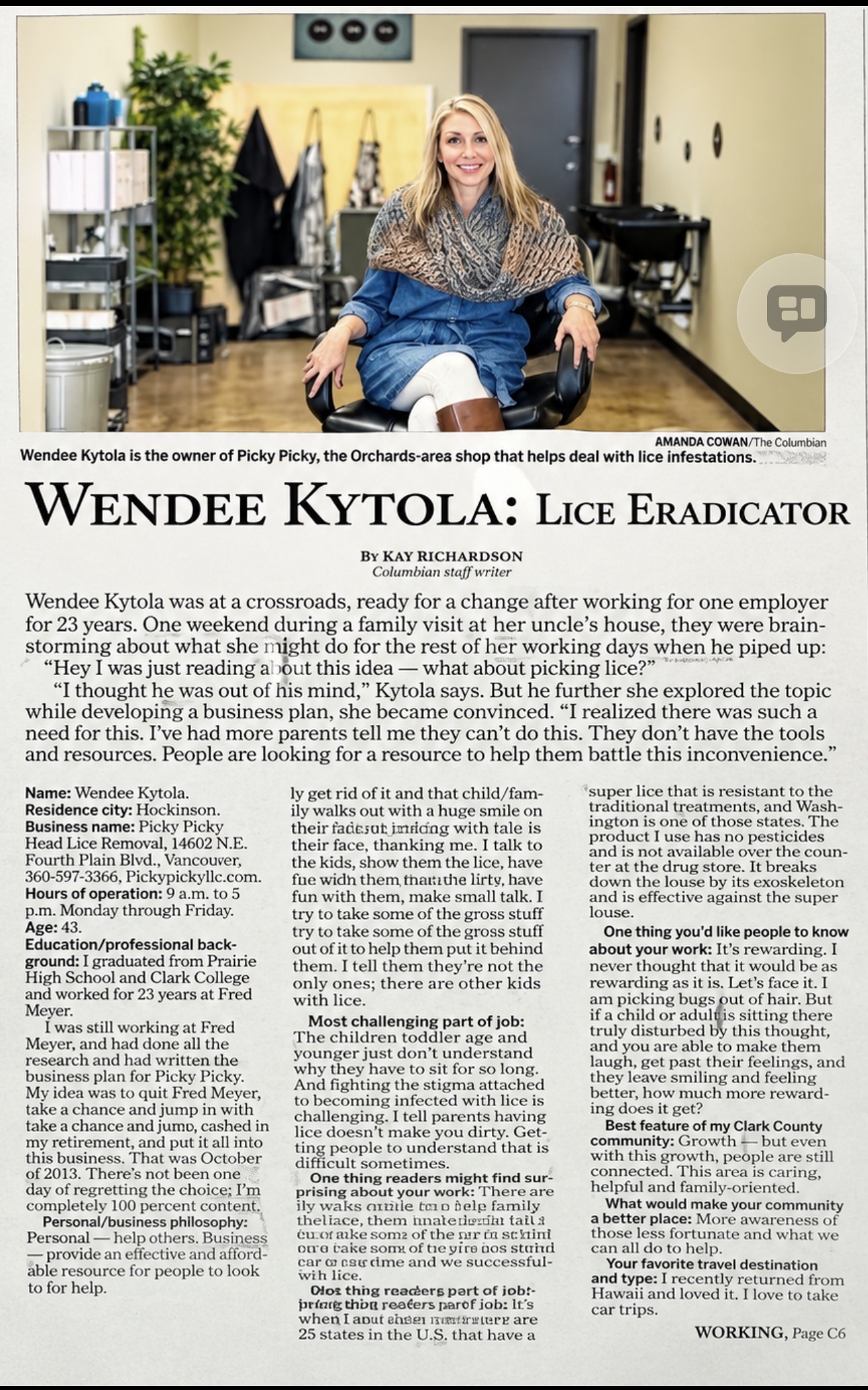 Wendee Kytola in The Columbian article