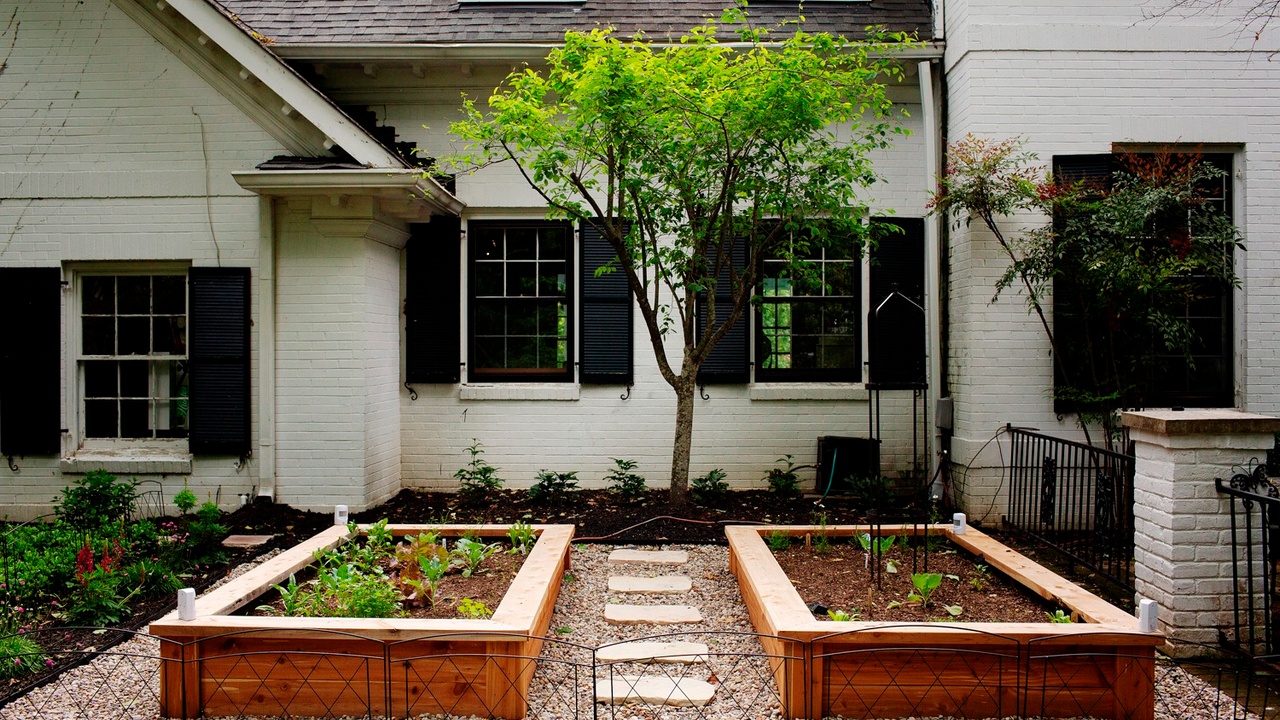 Newly installed raised bed garden in front yard