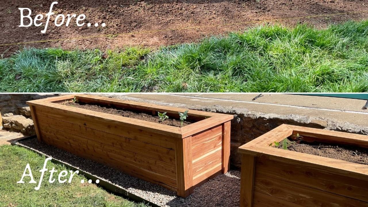 A before-and-after comparison showing a grassy area transformed into two wooden raised garden beds on a gravel path.