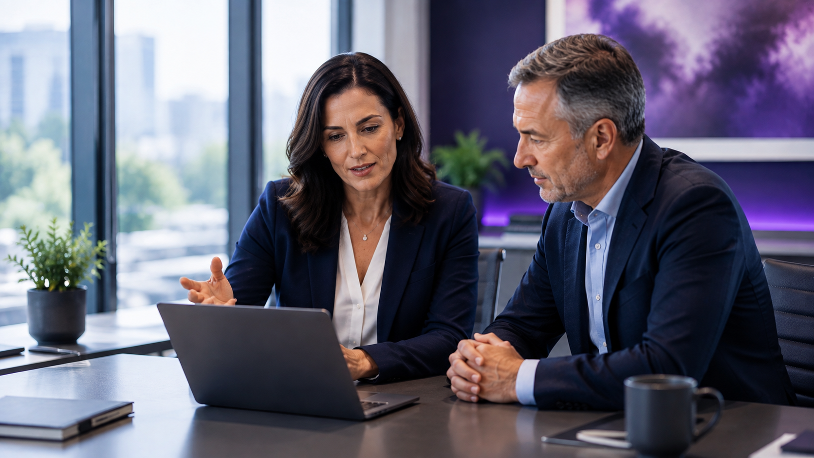 Cybersecurity advisor explaining endpoint detection to a business executive