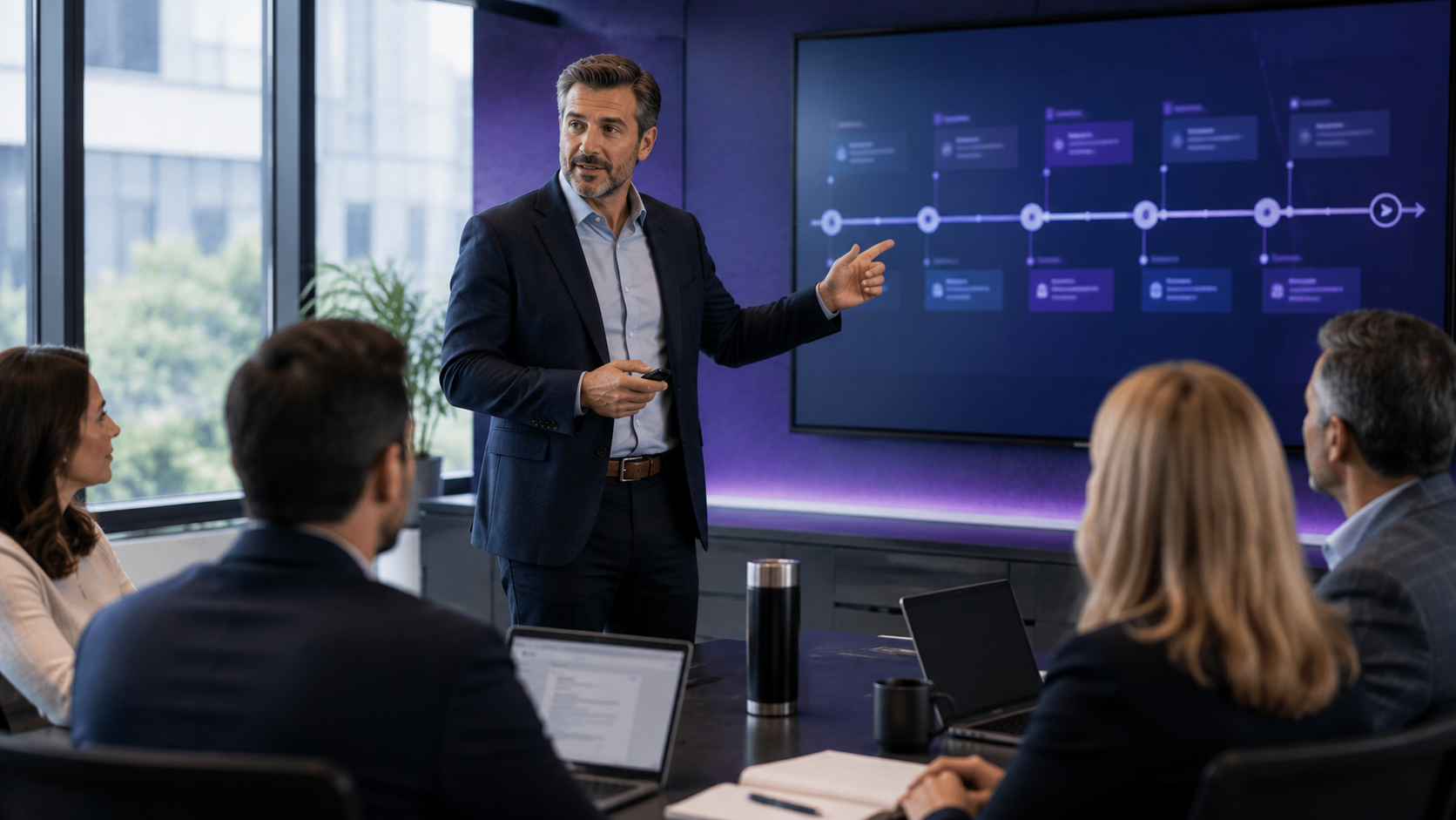 IT strategist presenting a multi-year technology roadmap in a modern conference room