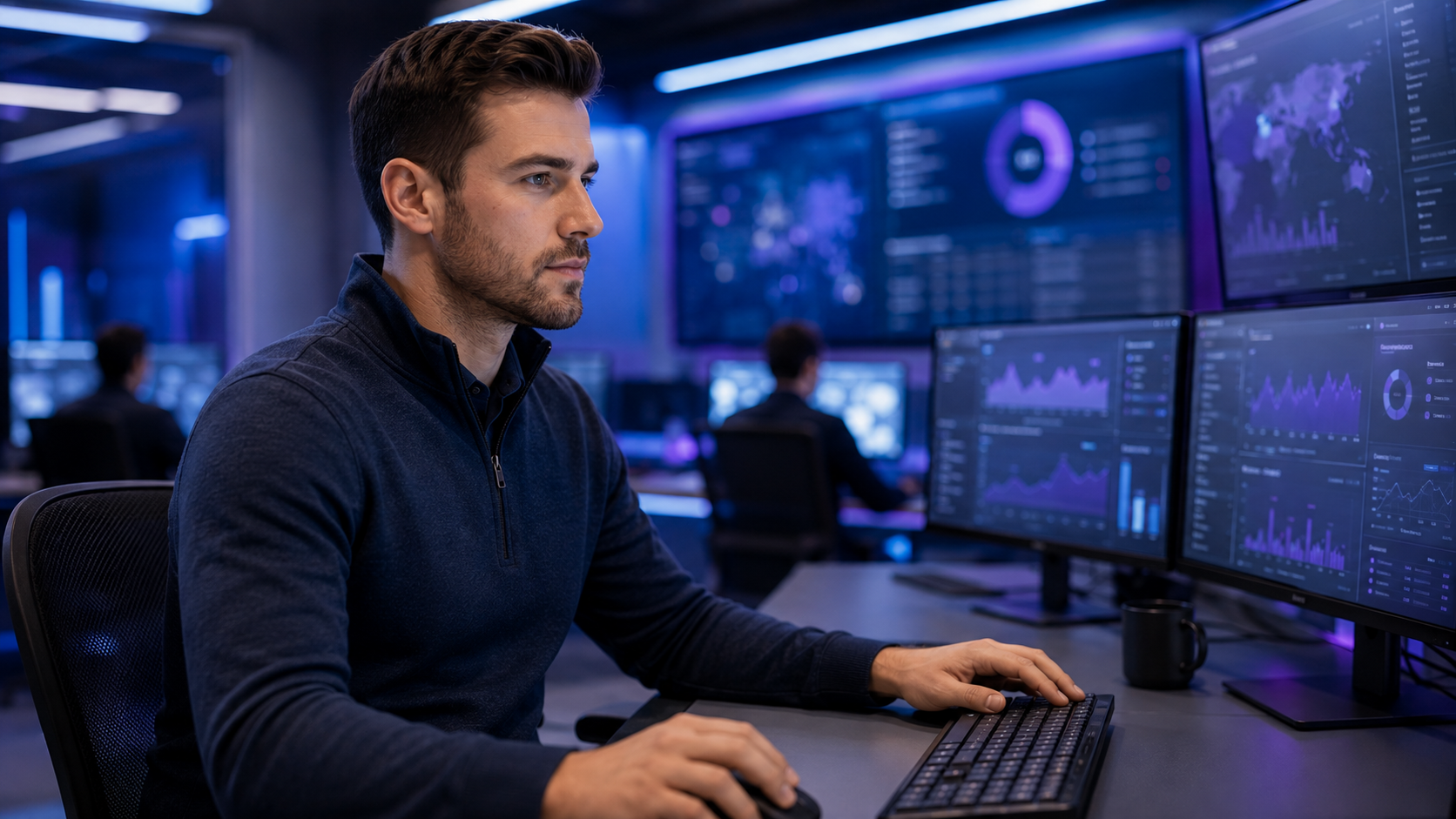Security operations analyst monitoring endpoint detection dashboards in a modern SOC