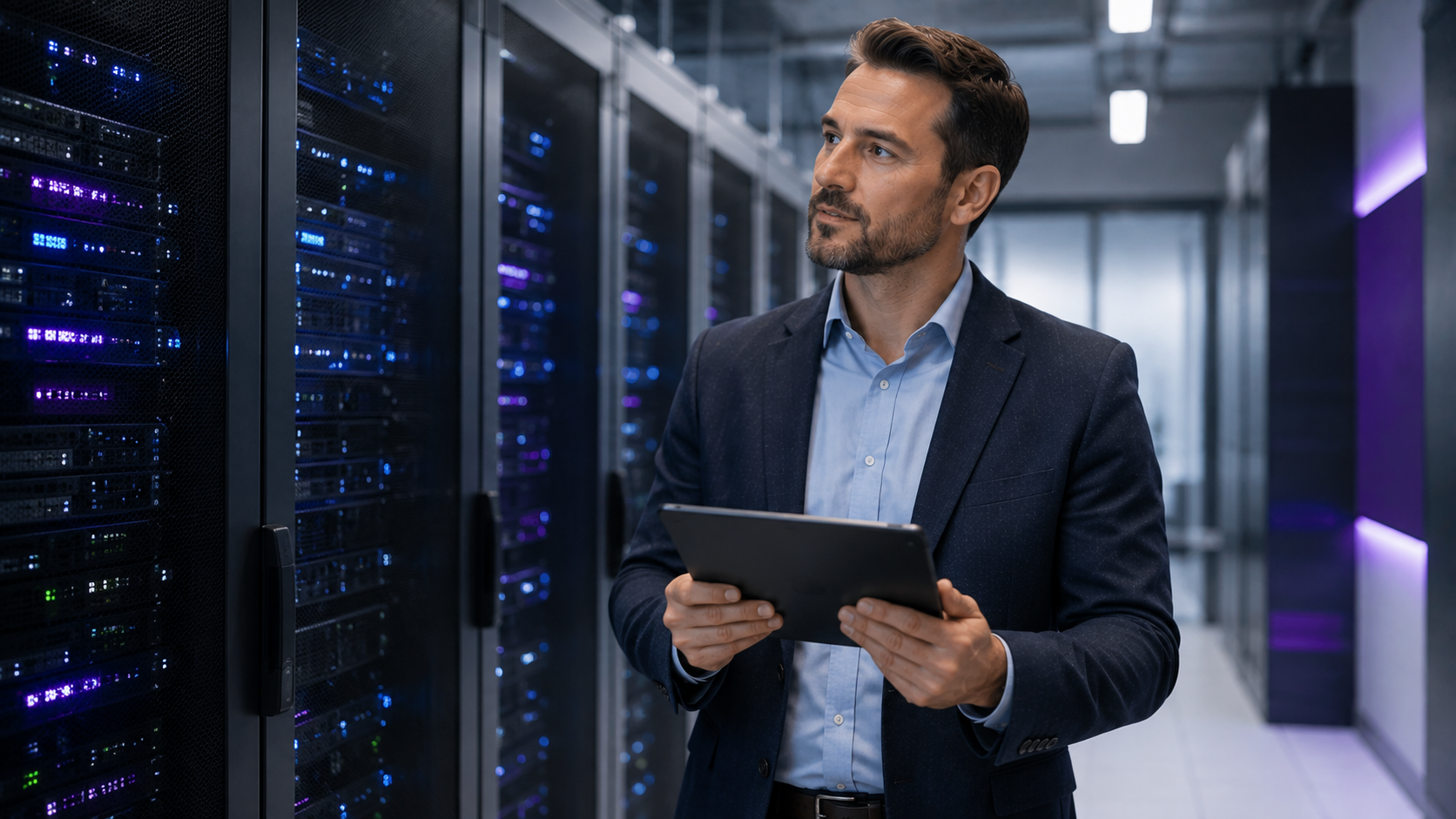 Technical assessor examining infrastructure in a clean modern server room