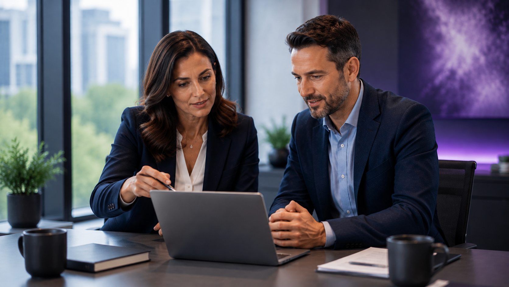 Business owner and IT advisor reviewing a strategic technology plan on a tablet