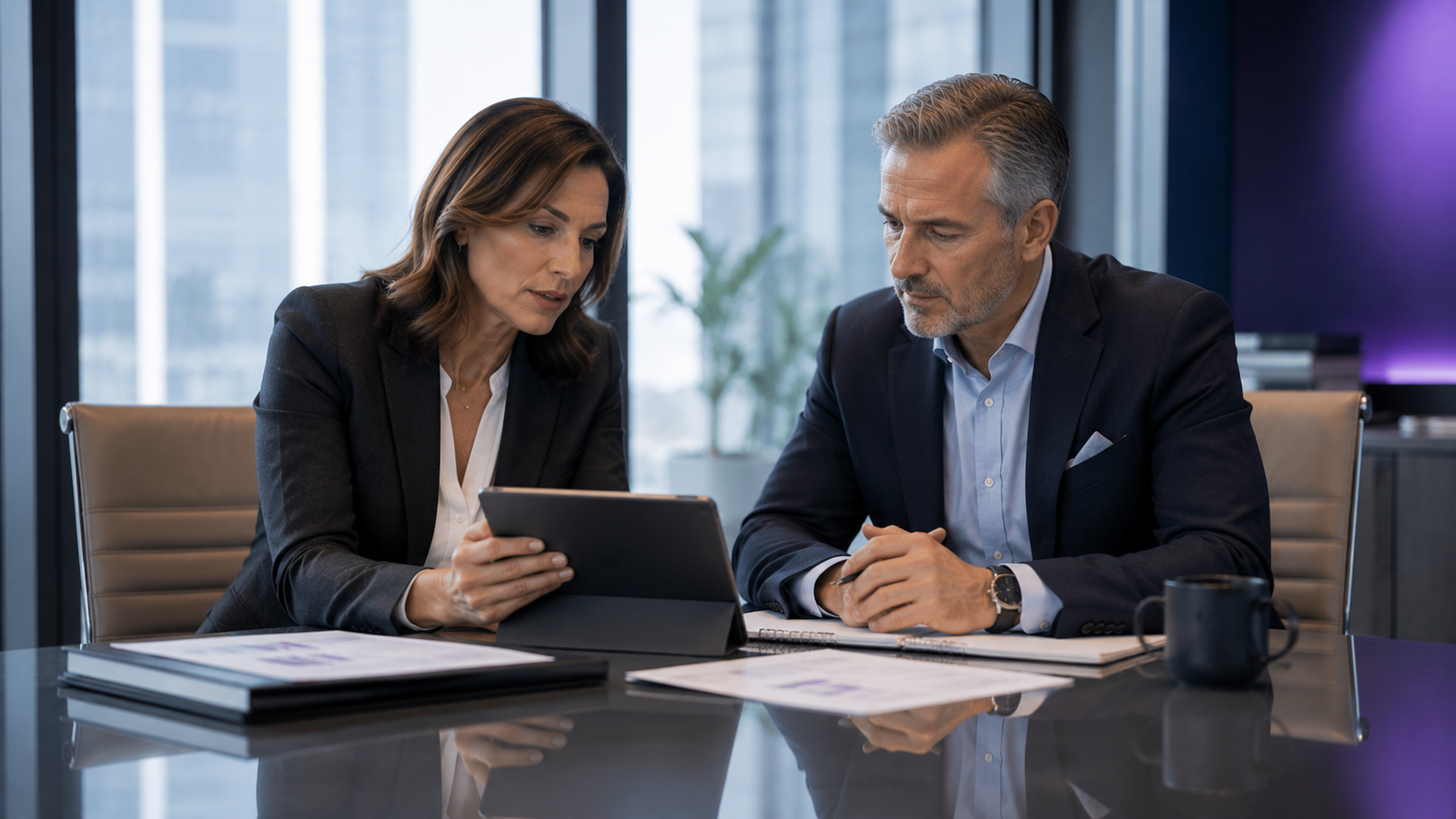 M&A advisor and business principal reviewing due diligence documentation in a boardroom